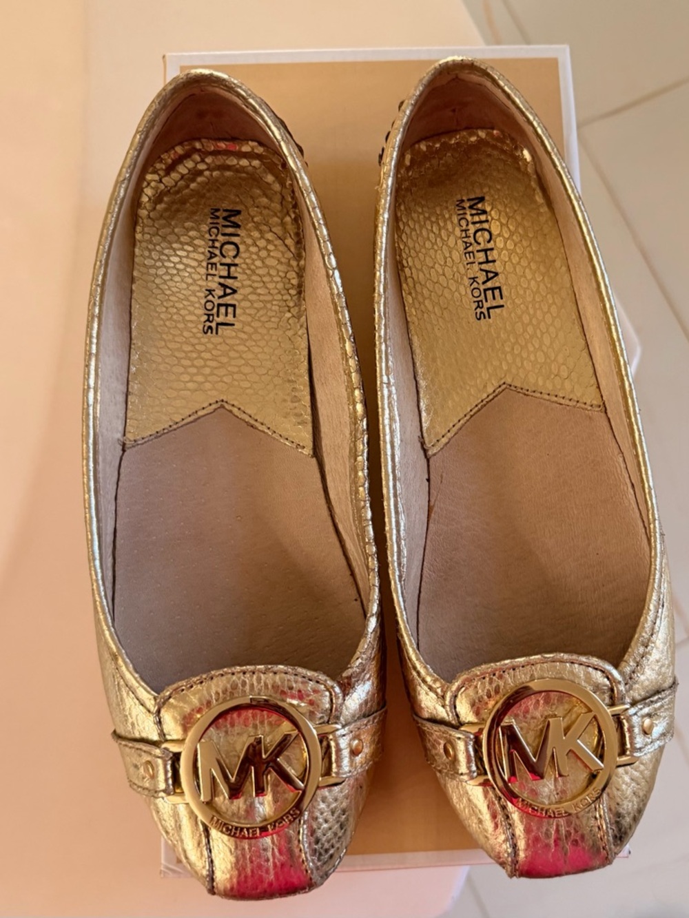 Michael Kors Gold Metallic MK Logo Ballet Flats